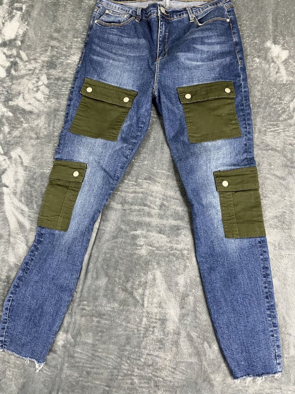 Blue Revival Womens Distressed Cargo Jeans Olive Green Pockets 31
